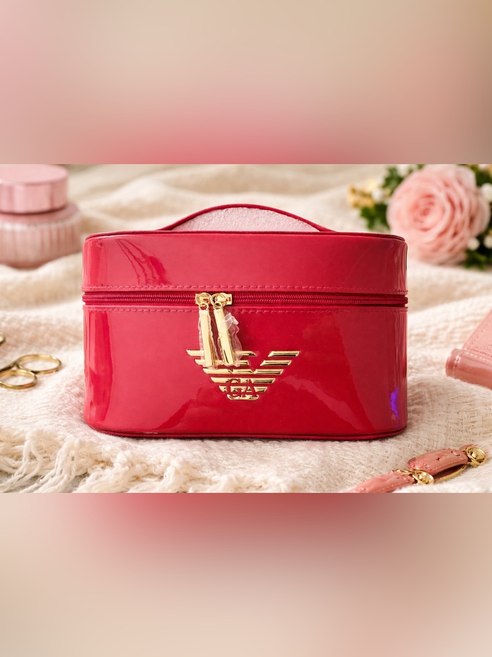 Emporio Armani Glossy Red Patent Cosmetic Pouch with Gold Logo